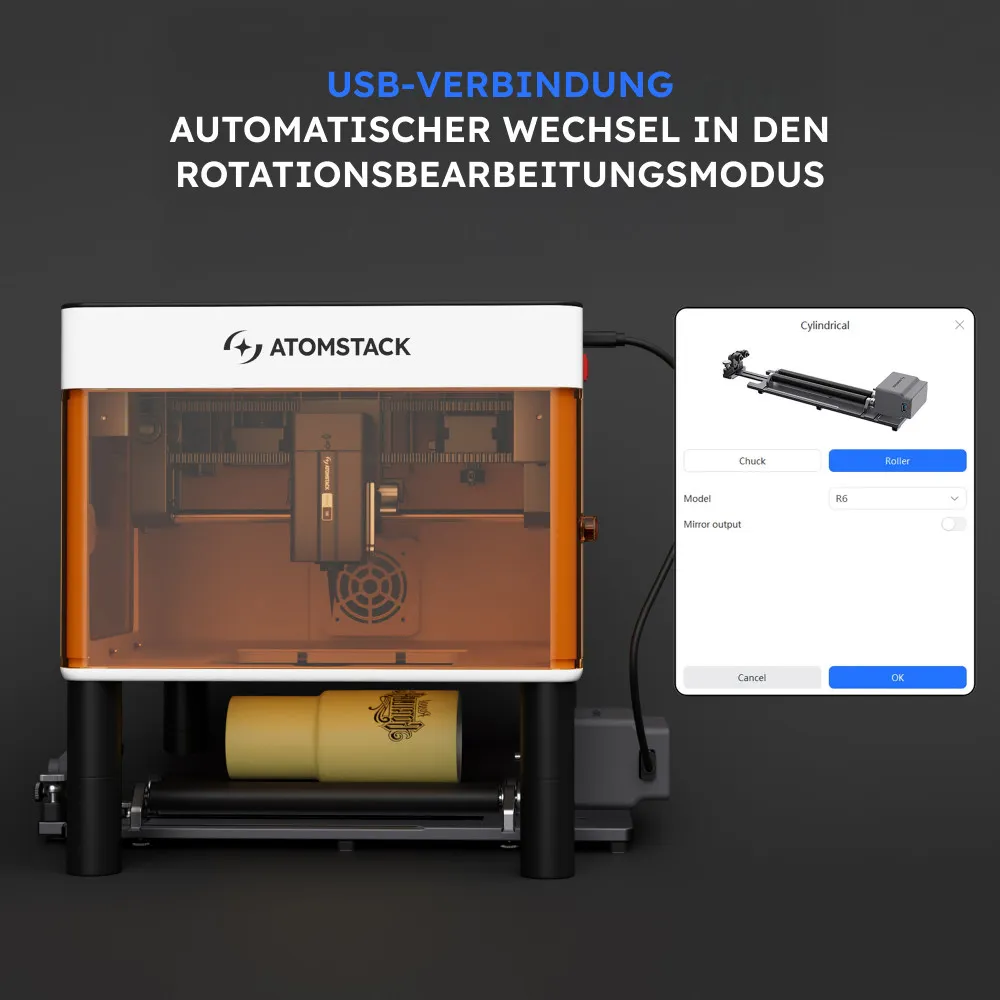 AtomStack R6 Rotary Roller – Rotationsmodul für zylindrische Gravuren